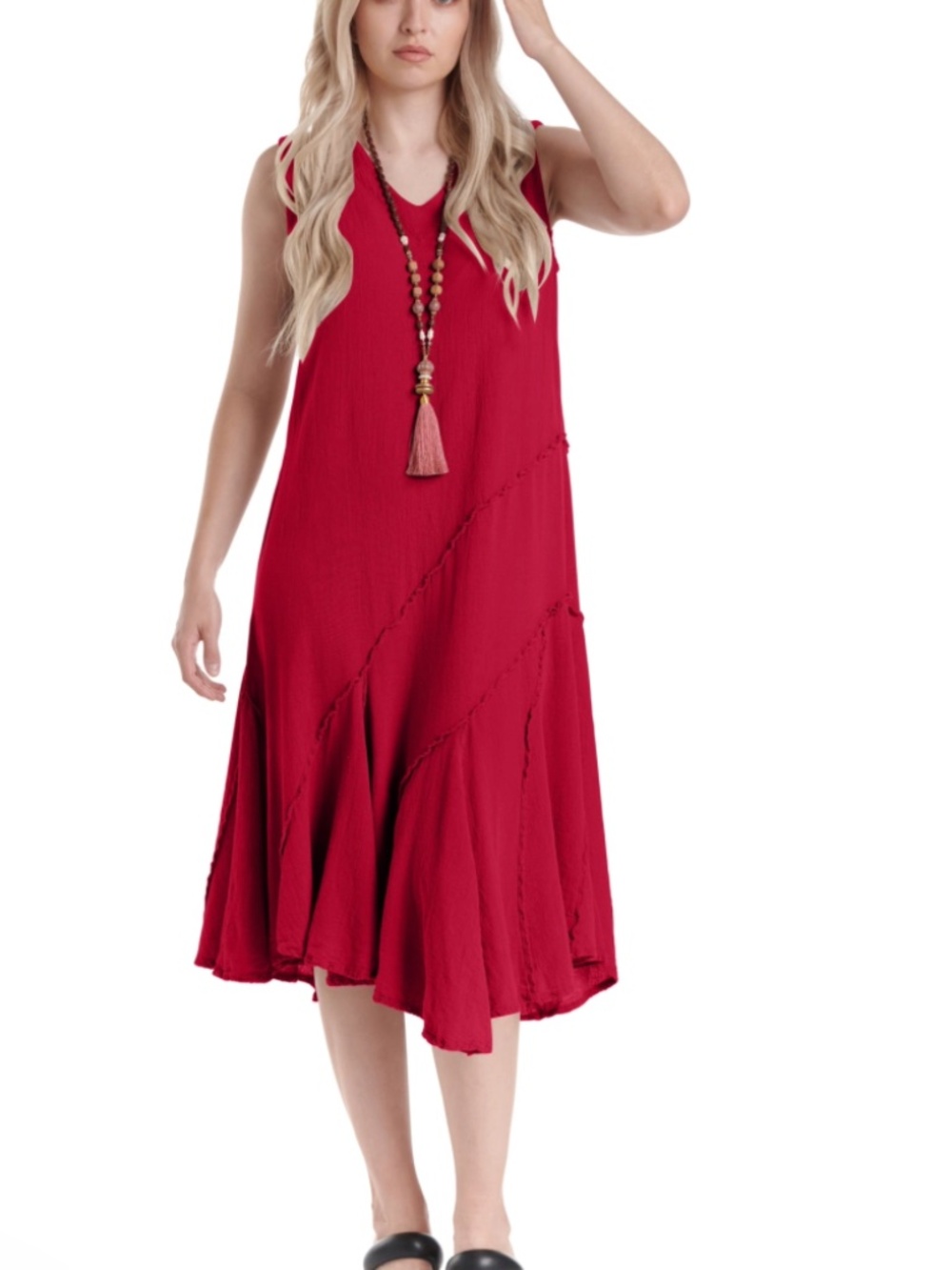 OH MY GAUZE! TABASCO COTTON GAUZE DRESS RUFFLE DETAIL IN CRIMSON SIZE 1 (S/M)